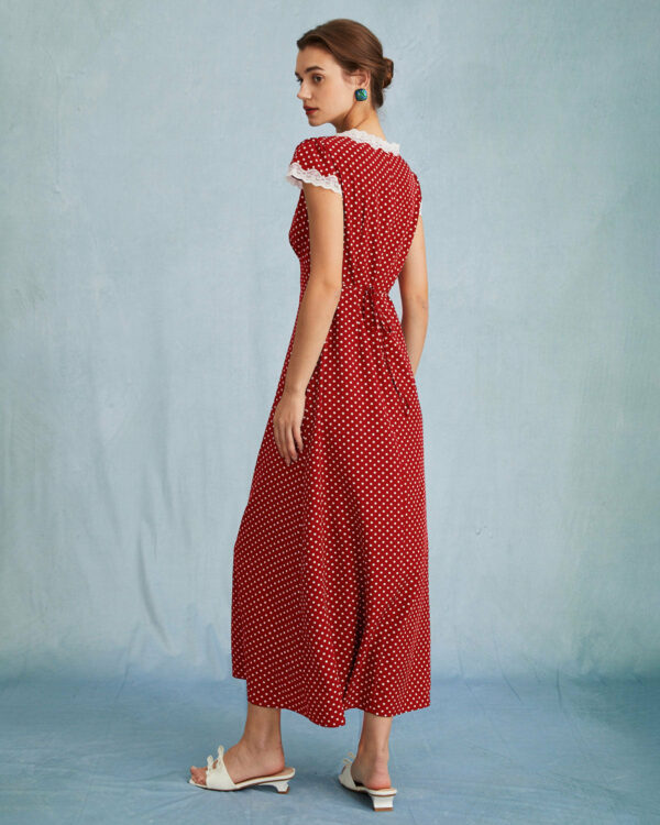The Red V Neck Polka Dot Lace Ruched Maxi Dress - Image 4
