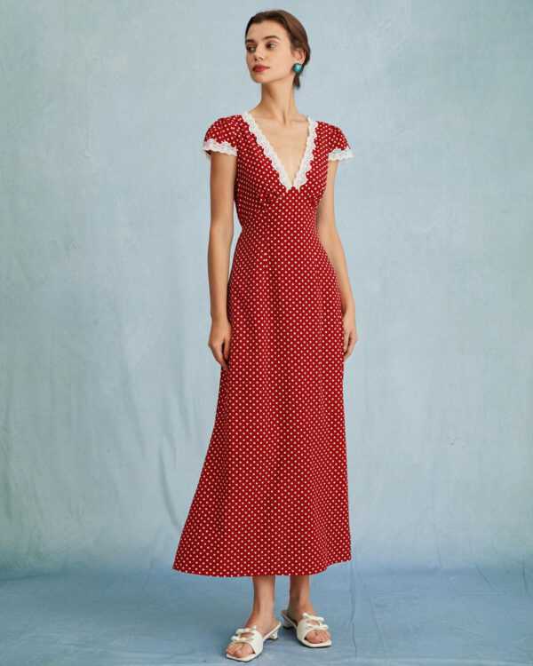 The Red V Neck Polka Dot Lace Ruched Maxi Dress - Image 3