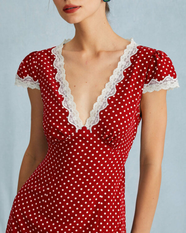 The Red V Neck Polka Dot Lace Ruched Maxi Dress - Image 2