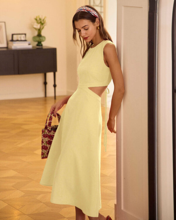 Yellow Round Neck Cut-Out Midi Dress - Image 3