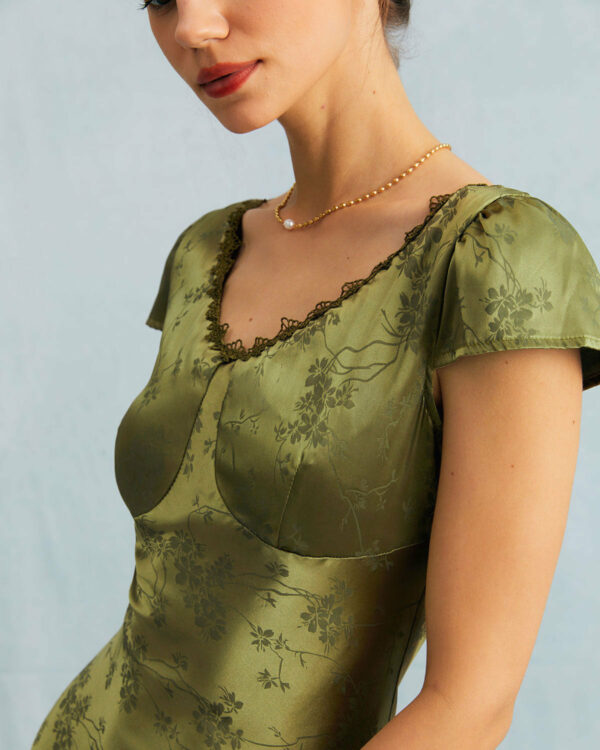 The Green Jacquard Cap Sleeve Satin Midi Dress - Image 3