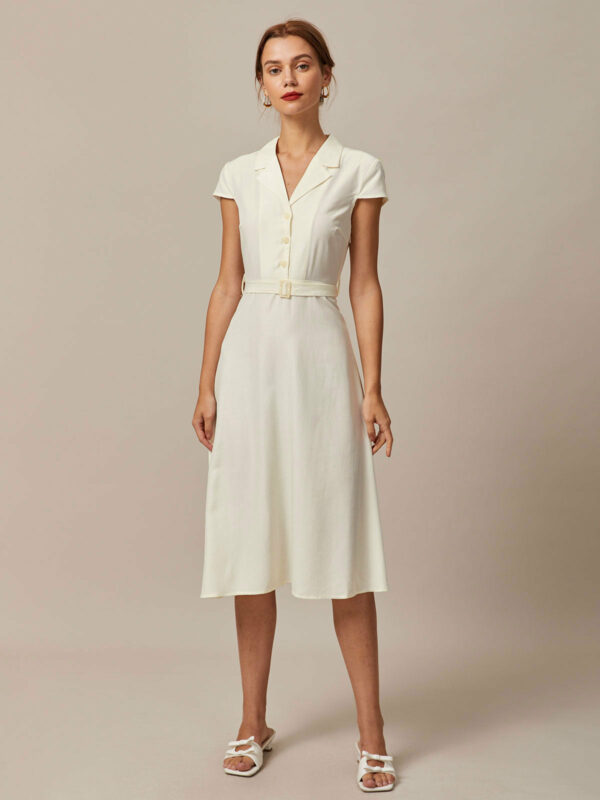 The Beige Lapel Cap Sleeve Shirt Midi Dress - Image 3