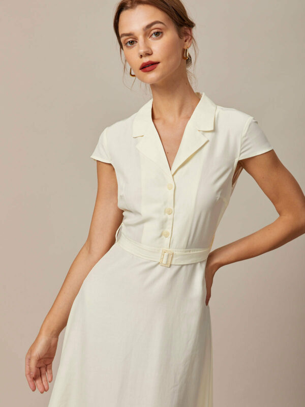 The Beige Lapel Cap Sleeve Shirt Midi Dress - Image 2