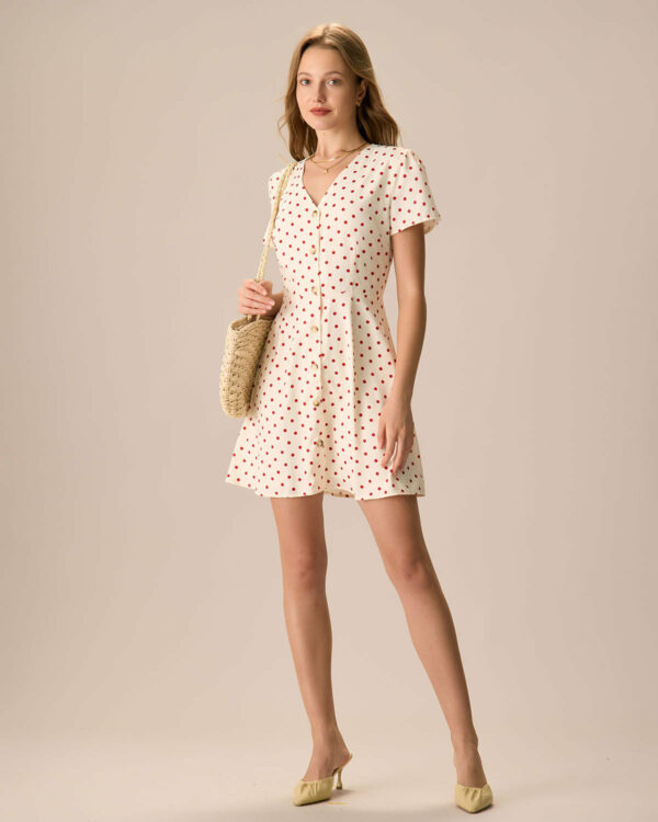 The Beige Polka Dot Button Mini Dress - Image 5