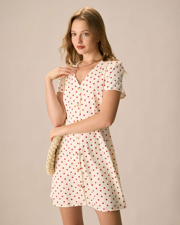 The Beige Polka Dot Button Mini Dress - Image 3