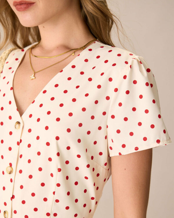 The Beige Polka Dot Button Mini Dress - Image 4