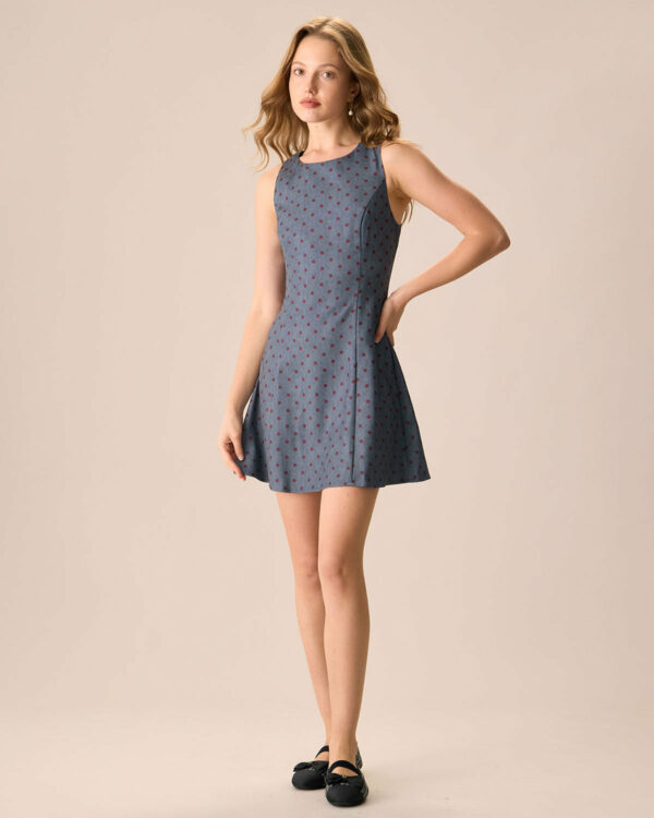 The Grey Round Neck Polka Dot Mini Dress - Image 2