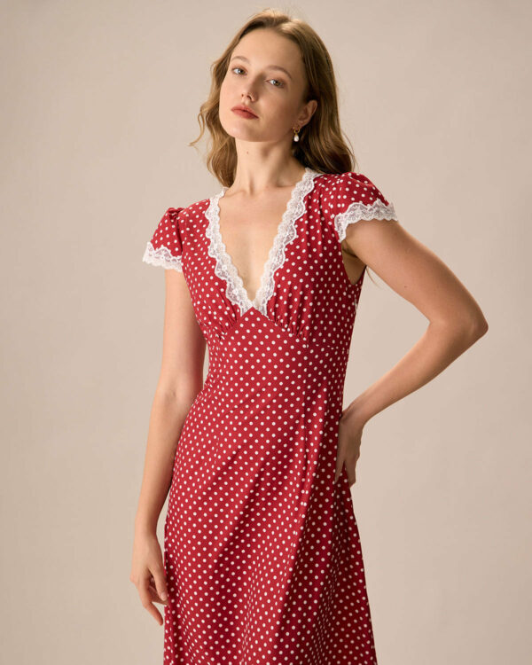 The Red V Neck Polka Dot Lace Ruched Maxi Dress - Image 7