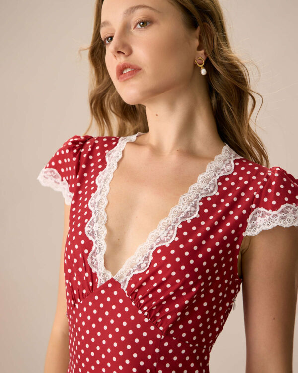 The Red V Neck Polka Dot Lace Ruched Maxi Dress - Image 6