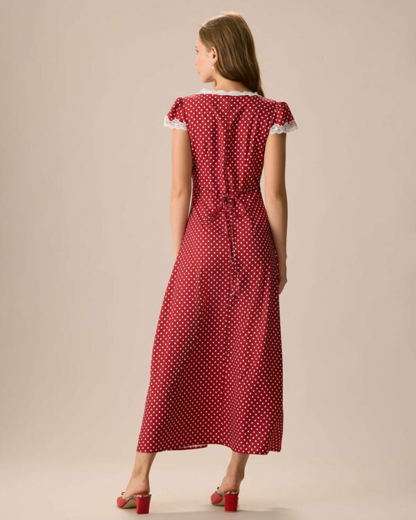 The Red V Neck Polka Dot Lace Ruched Maxi Dress - Image 8