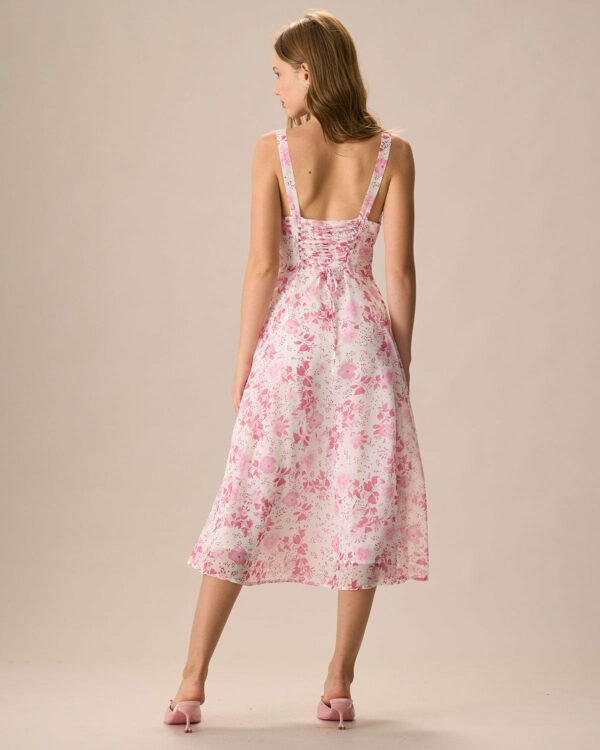 The Pink Square Neck Floral Ruched Midi Dress - Image 5