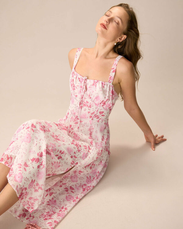 The Pink Square Neck Floral Ruched Midi Dress - Image 4