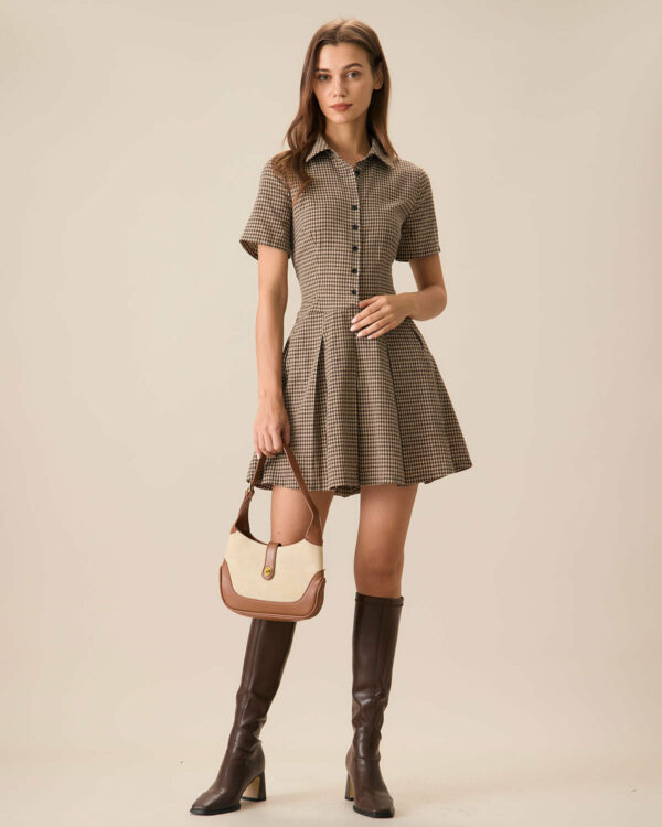 Brown Plaid Lapel Pleated Mini Dress - Image 3