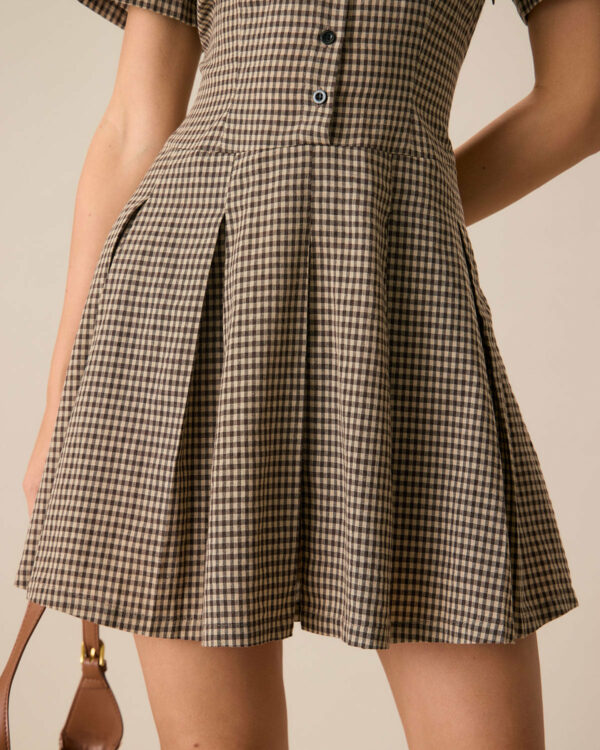 Brown Plaid Lapel Pleated Mini Dress - Image 2