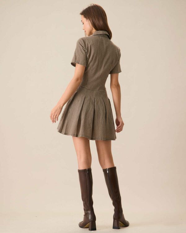 Brown Plaid Lapel Pleated Mini Dress - Image 4