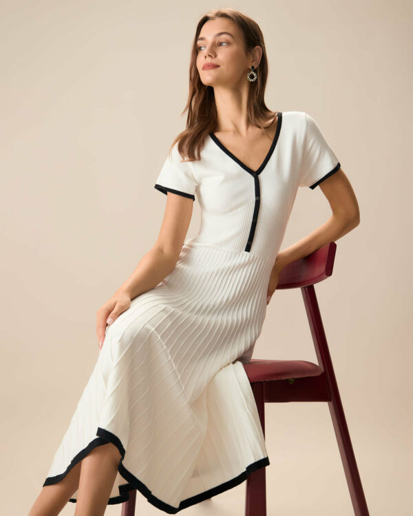 Women's White Contrasting Sweater Midi Dress - Image 4