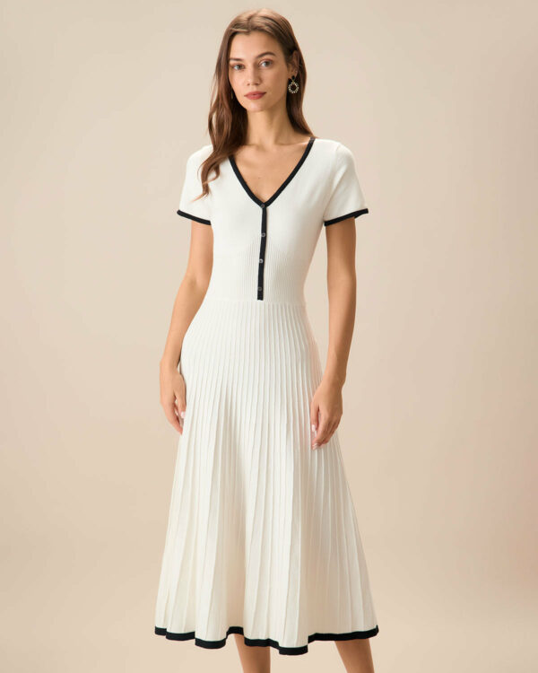 Women's White Contrasting Sweater Midi Dress