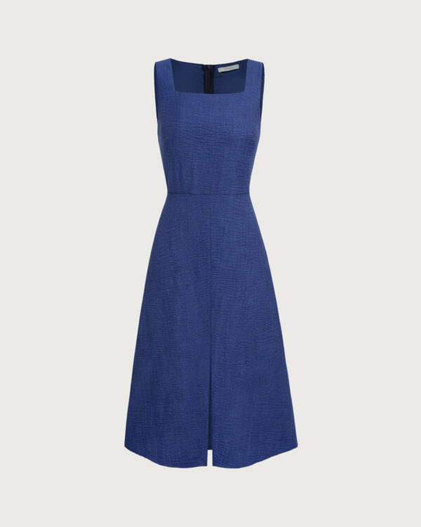 Blue Square Neck Pleated Sleeveless Midi Dress - Image 6