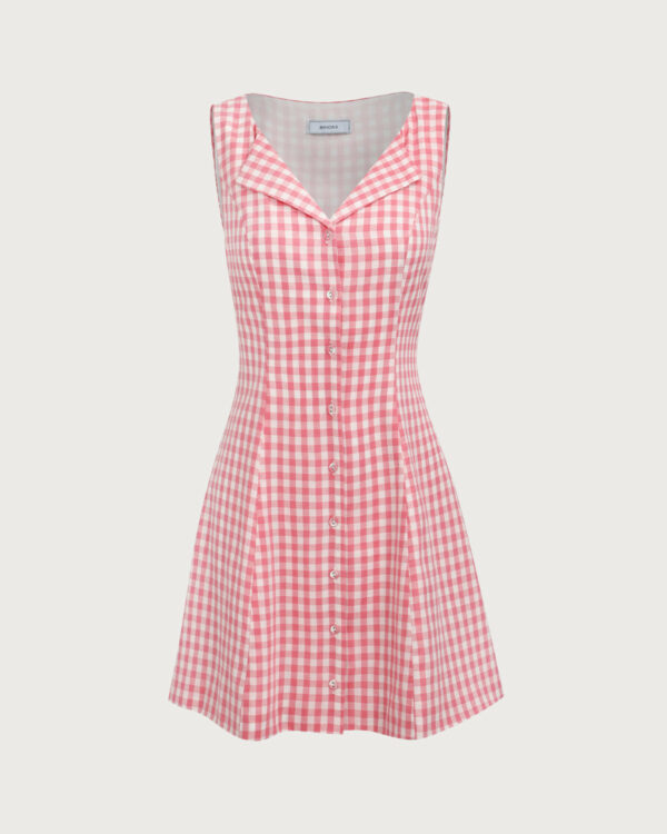 Women's Pink V-Neck Plaid Cotton Mini Dress - Image 7