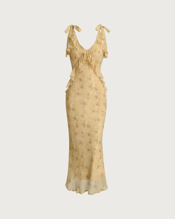 Yellow Floral Chiffon Tie Strap Maxi Dress