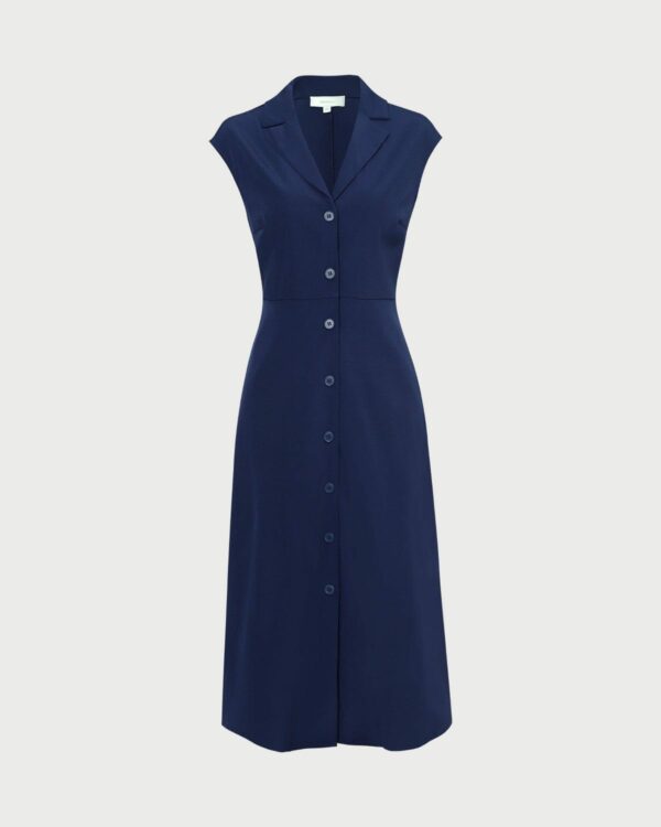 The Navy V Neck Button Cap Sleeve Midi Dress - Image 5