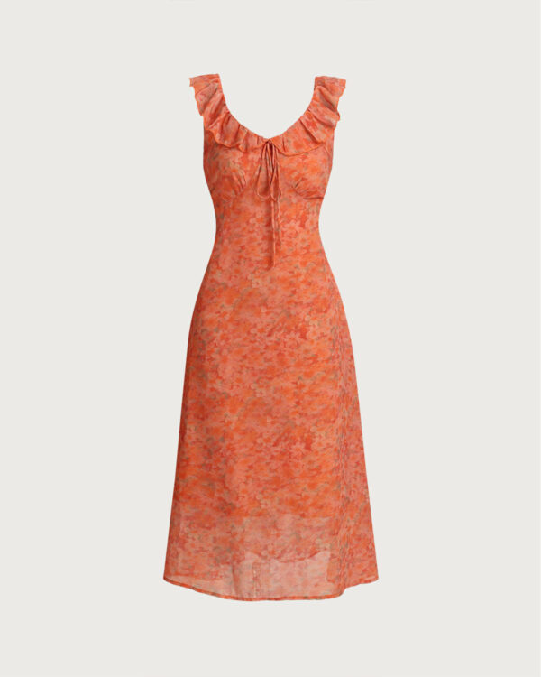 Orange Floral Ruffle Sleeveless Maxi Dress