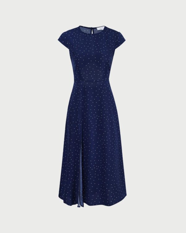 The Navy Round Neck Polka Dot Cutout Midi Dress - Image 7