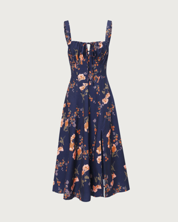 The Navy Lace Up Floral Ruched Midi Dress - Image 6