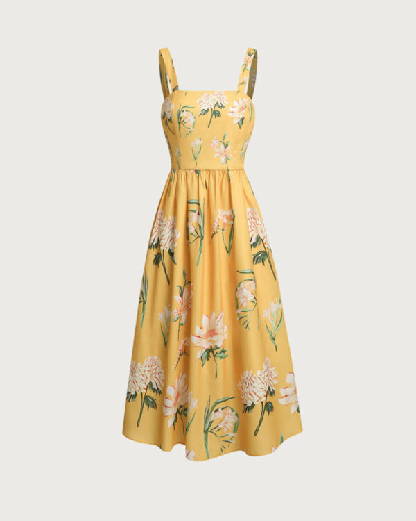 Yellow Floral A-Line Slip Midi Dress - Image 6