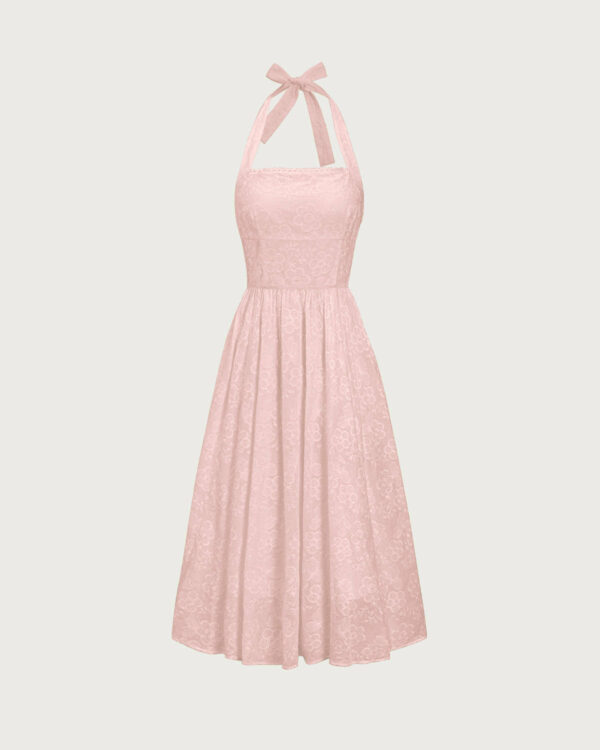 Pink Embroidery Halter Midi Dress - Image 5