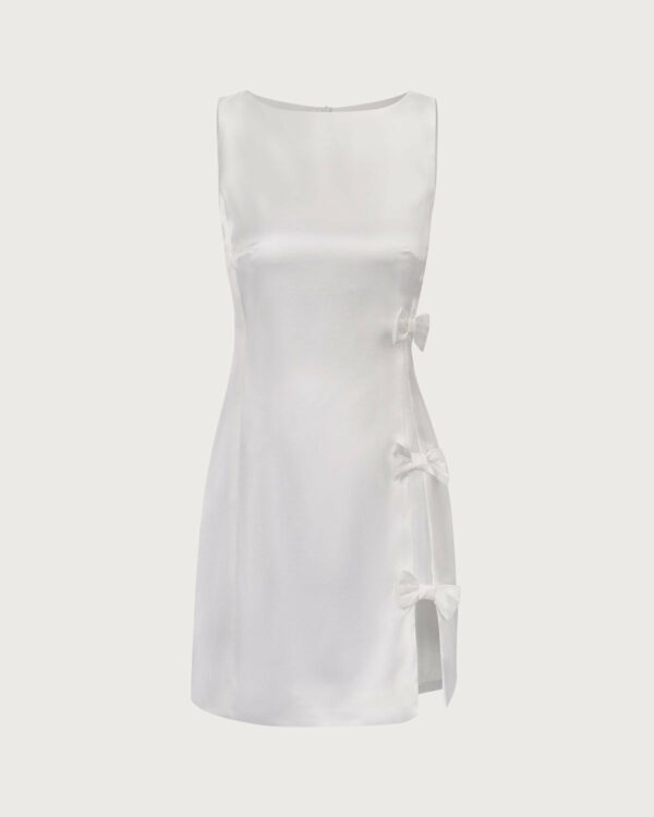 The White Boat Neck Bowknot Satin Mini Dress - Image 6