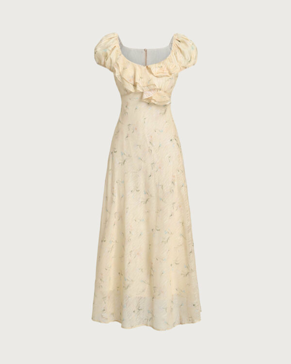Yellow Floral Cap Sleeve Ruffle Midi Dress