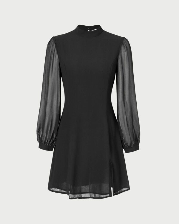 The Black Stand Collar Sheer Slit Mini Dress - Image 5