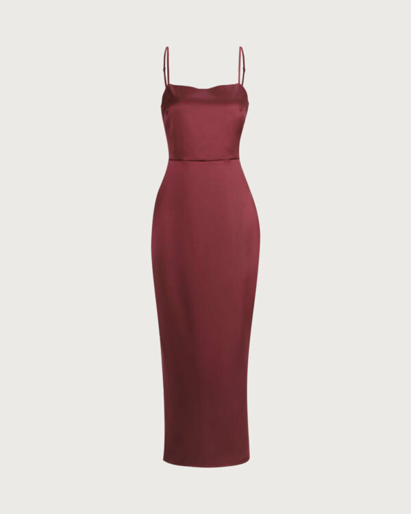 The Red Back Slit Satin Sling Maxi Dress - Image 4