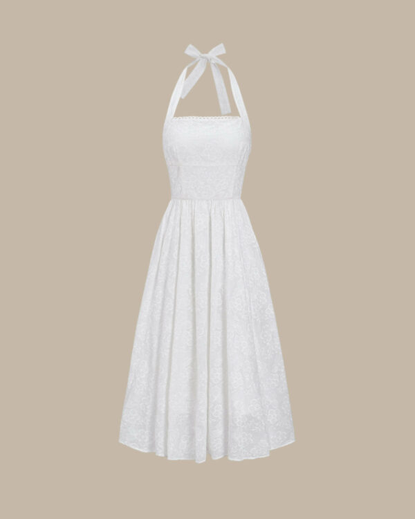 White Embroidery Halter Midi Dress - Image 6