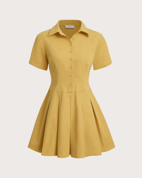 Yellow Button Pleated Mini Dress - Image 7
