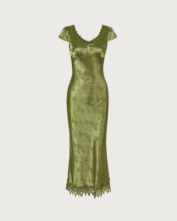 The Green Jacquard Cap Sleeve Satin Midi Dress - Image 7