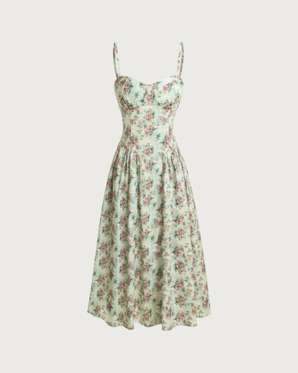 Green Floral Neck Pleated Slip Midi Dress - Image 5
