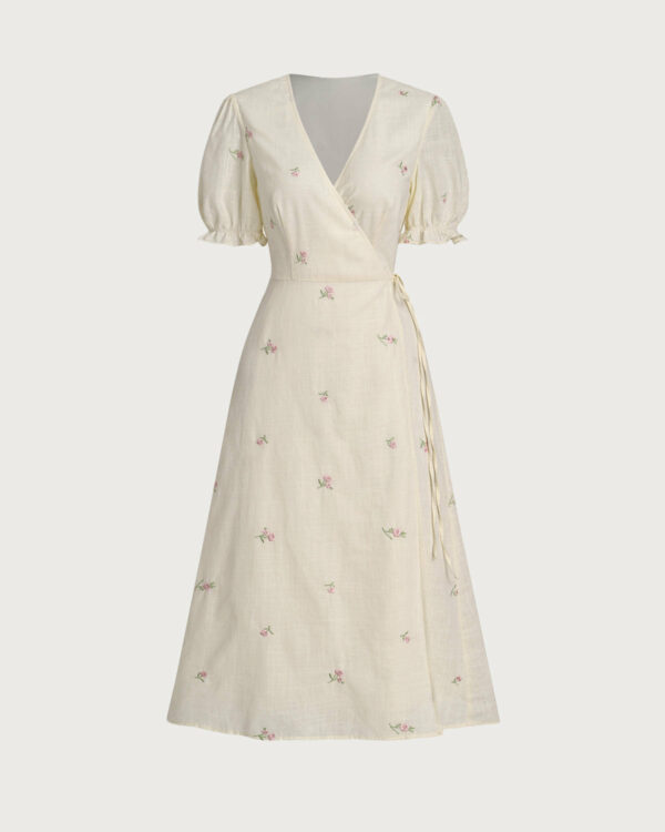 Beige Embroidery Puffed Sleeve Wrap Midi Dress - Image 7