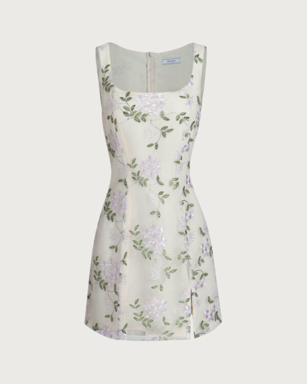 Beige Square Neck Embroidery Slit Slip Mini Dress - Image 7
