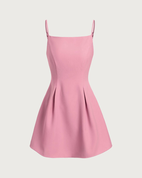 Pink Square Neck Slip Pleated Mini Dress - Image 5