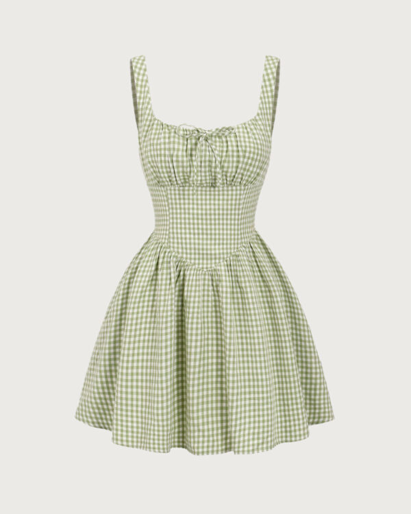 Green Plaid Ruched Slip Mini Dress - Image 6