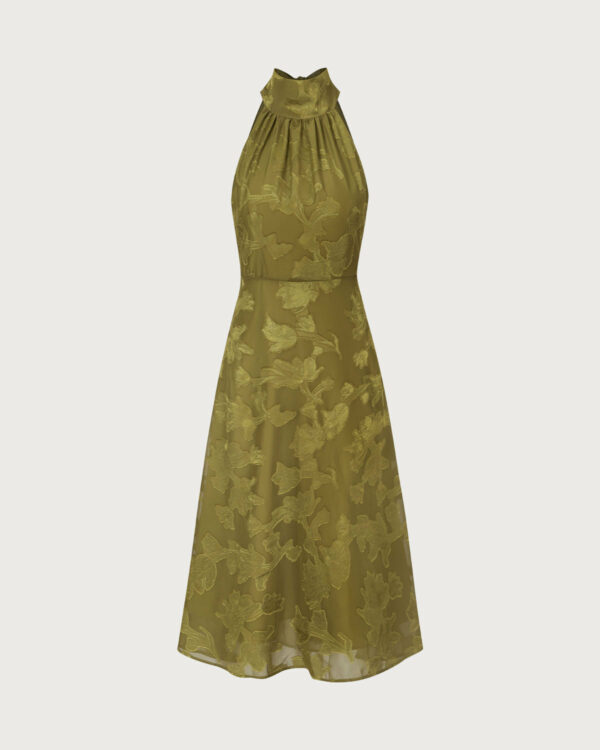 The Green Jacquard Ruched Halter Midi Dress - Image 6