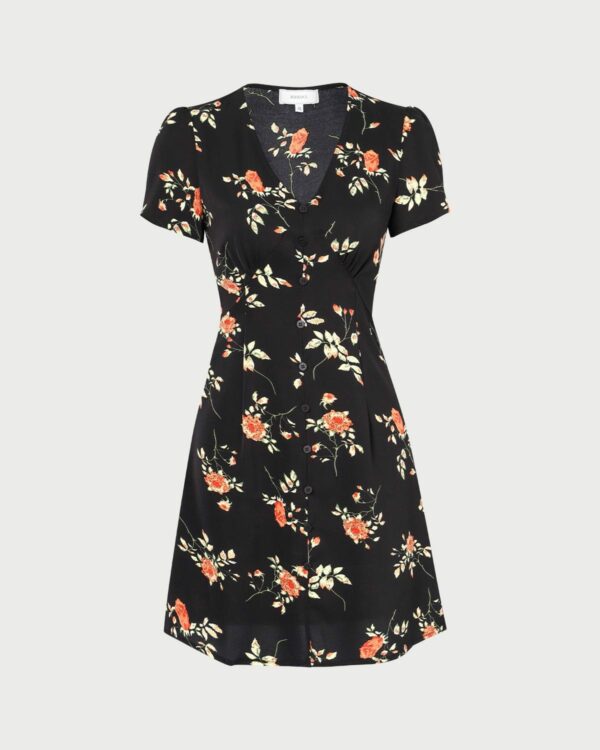 The Black V Neck Floral Button Up Mini Dress - Image 5