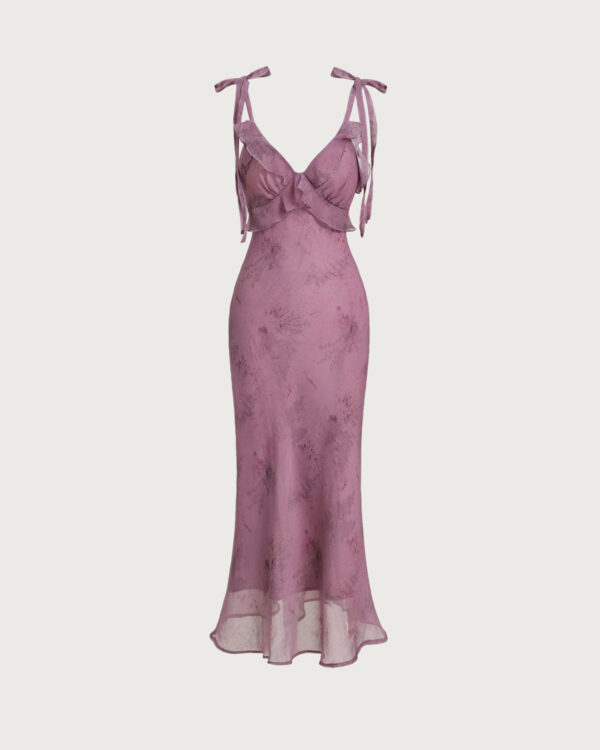 Purple Floral Ruffle Tie Strap Midi Dress