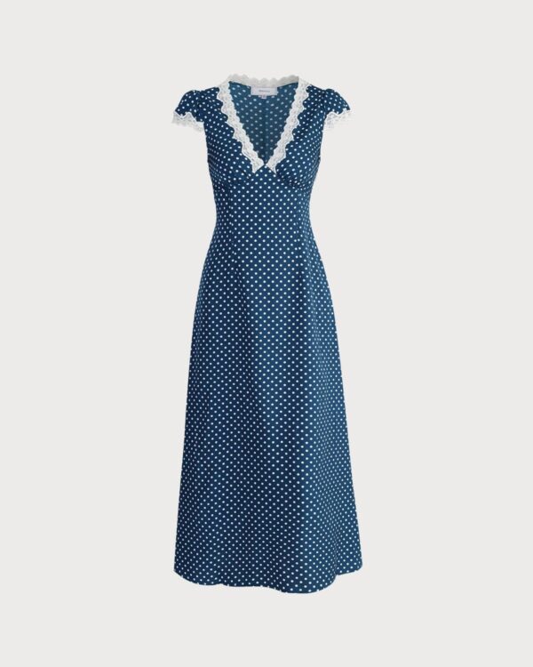 The Navy V Neck Polka Dot Lace Ruched Maxi Dress - Image 5