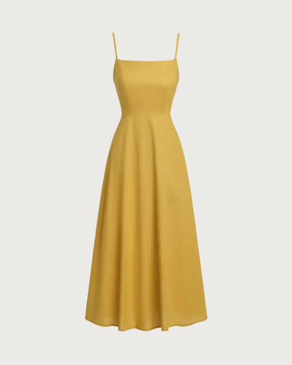 Yellow Square Neck Shirred Slip Midi Dress - Image 6