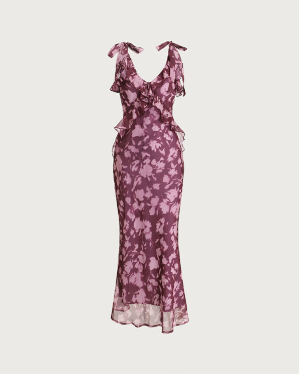 Purple Floral Ruffle Tie Strap Maxi Dress