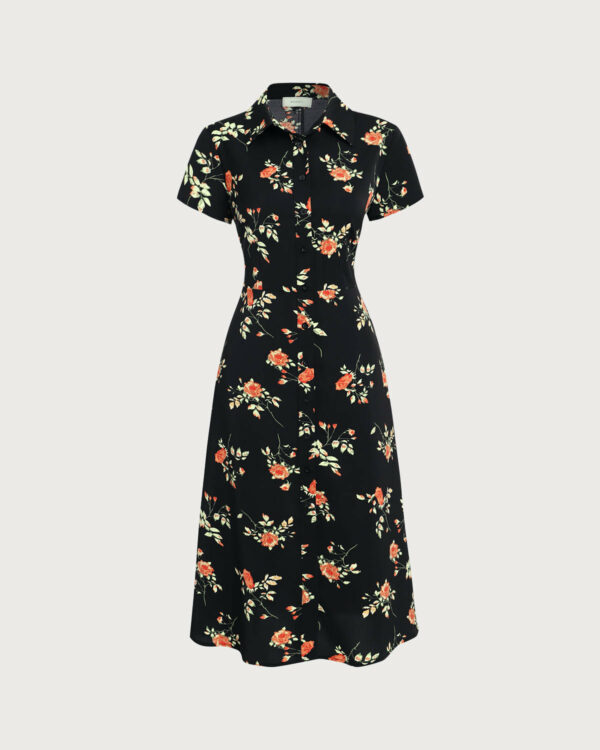Black Floral Button A-Line Midi Dress - Image 6