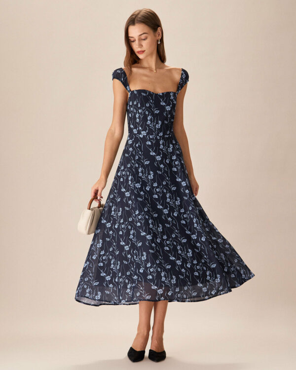Navy Floral Neck Midi Dress - Image 3